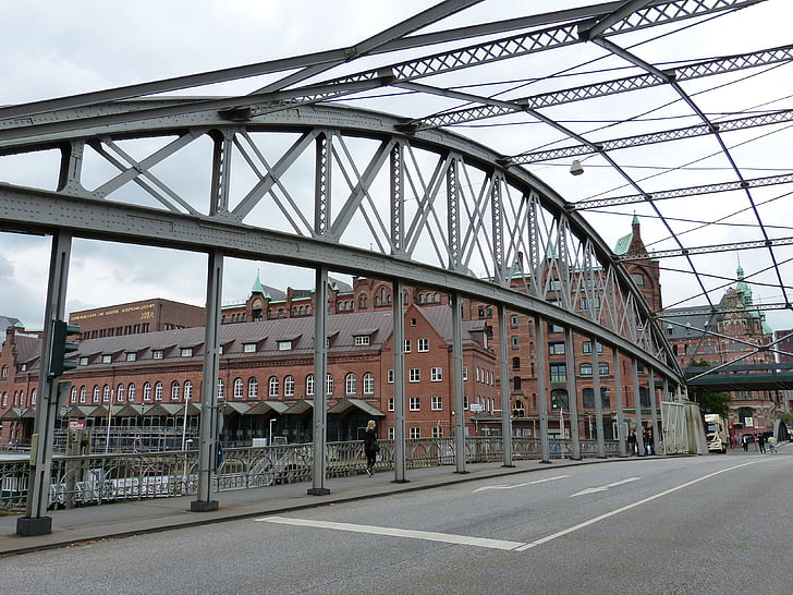 Speicherstadt, Hamburg, murstein, bygge, historisk, kanal, Bridge