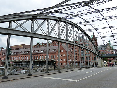Speicherstadt, Hamburg, tegel, byggnad, historiskt sett, kanal, Bridge