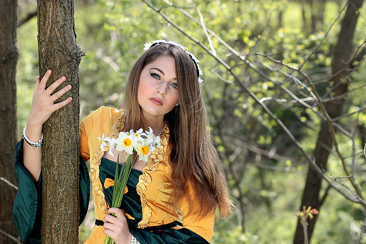 Flicka, Princess, blommor, skogen, våren, berättelse, Trevligt
