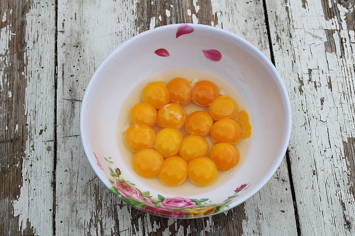 telur, kuning, kuning telur dalam mangkuk