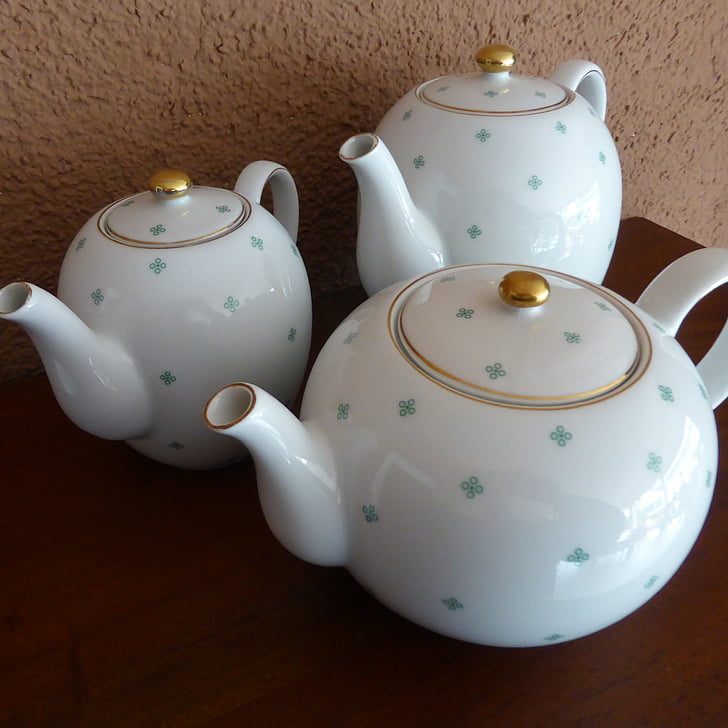 porcelain, tableware, coffee pot, teapot, green, white, gold edge