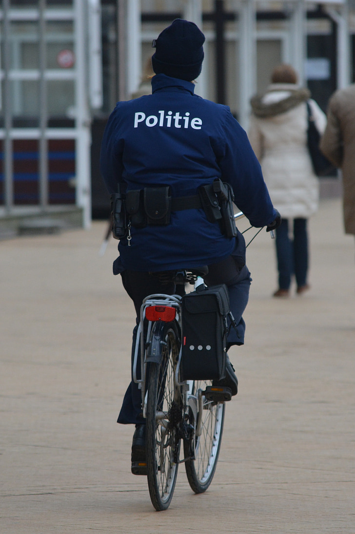 politie, uniform, mensen, agent, fiets, blauw