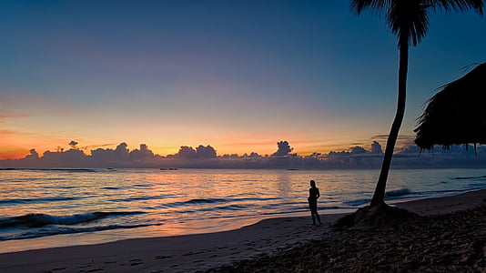 sunrise, beach, horizon, sand, silhouette, sea, sky