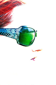 mulher, óculos de sol, reflexão, pessoas, grama, céu, verde