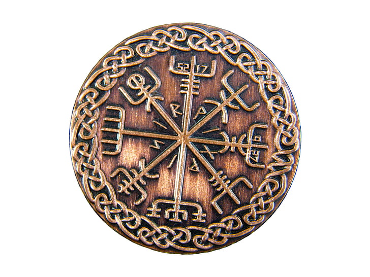 mince, keltské, venkovní, body kompasu, navigace, kov, symbol