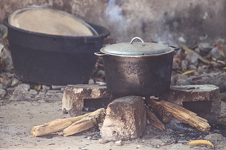 potten, brand, rook, brandhout, rotsen, buiten, koken