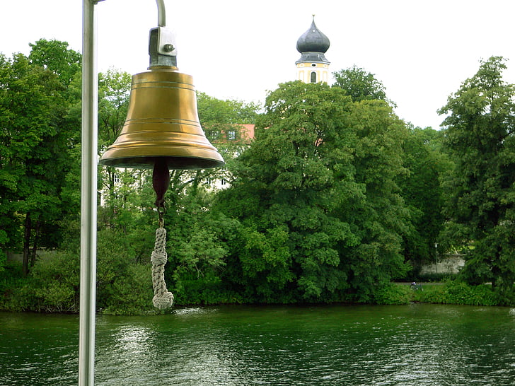 Bell, Steeple, folyó, erdő, hajó, Bajorország, harangláb
