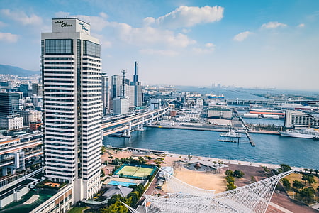 staden, moderna, byggnad, tornet, skyskrapa, hamn, Japan
