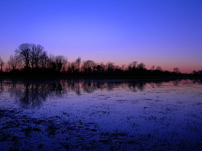 flooding, meadow, winter, reflections, dusk, water, landscape