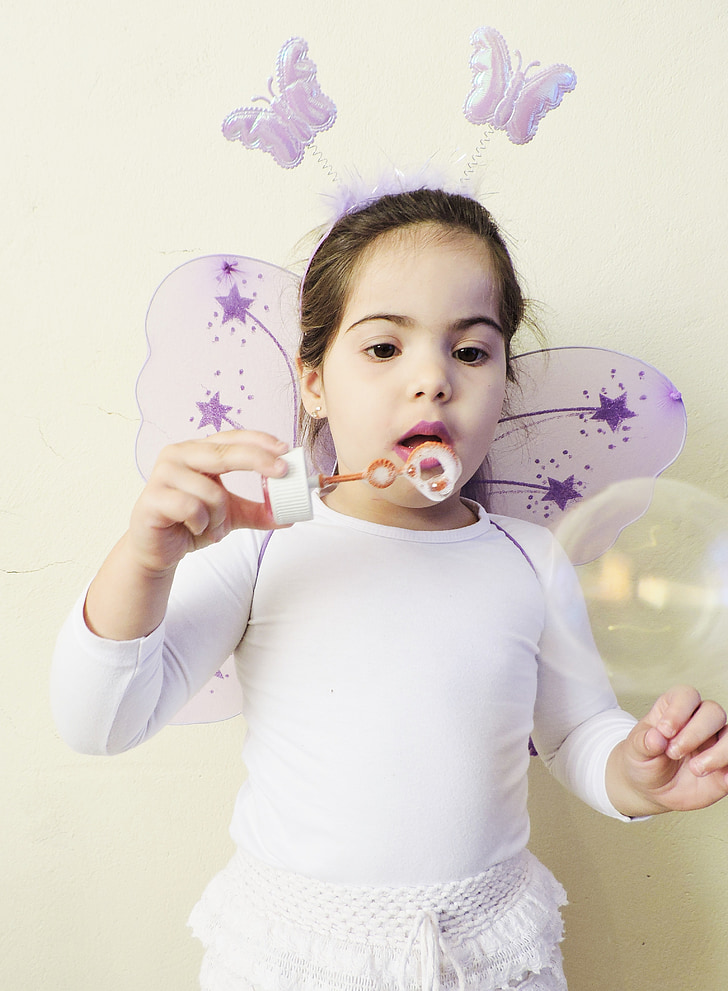 soap bubble, playing, girl, child, fairy, childhood, cute