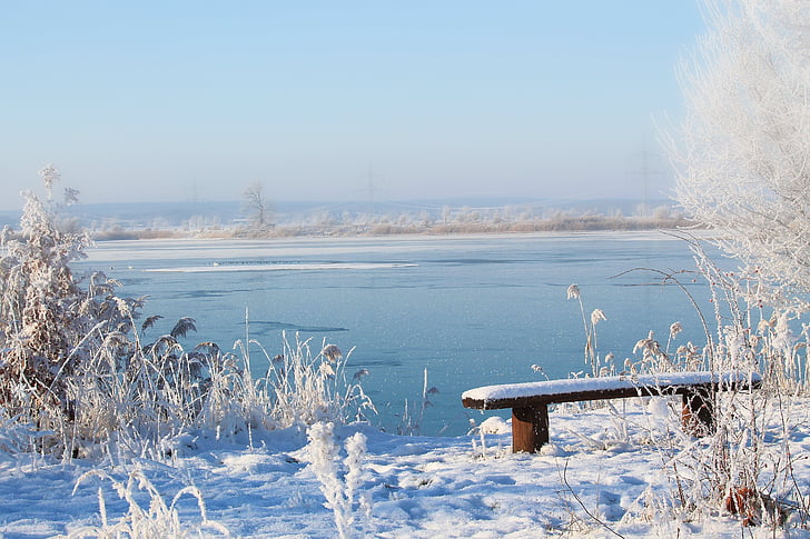 landscape, lake, bank, winter impressions, wintry, snow, cold