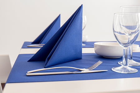 냅킨, 비 짠, 레스토랑, 테이블, 테이블 장식, 블루, 냅킨 접는
