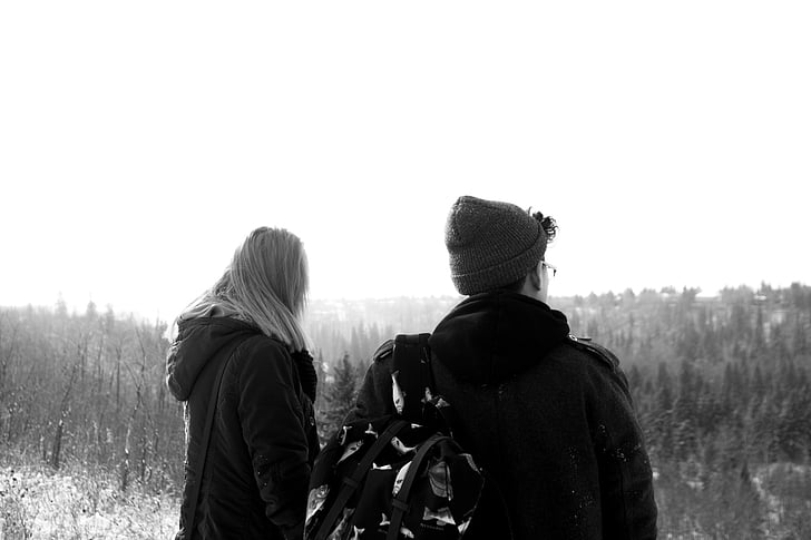 grayscale, photo, man, woman, coat, overlooking, forest