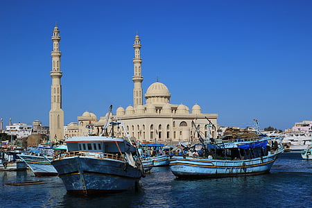 Egypten, Hurghada, Röda havet, hamn, moskén