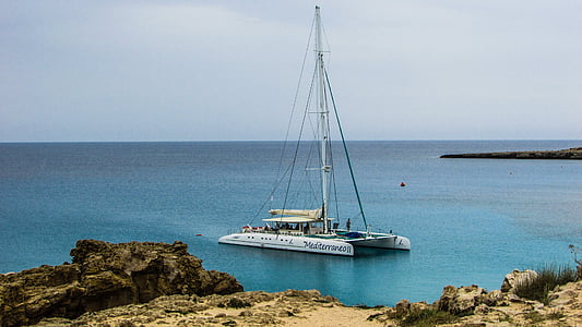 塞浦路斯, 卡沃 greko, 海, 小船, 双体船, 环礁湖, 蓝色