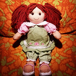 muñeca, de la sonrisa, juguete, pelo rojo