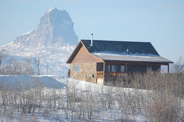 cabin, winter, landscape, glacier national park, glacier, mountains, mountain