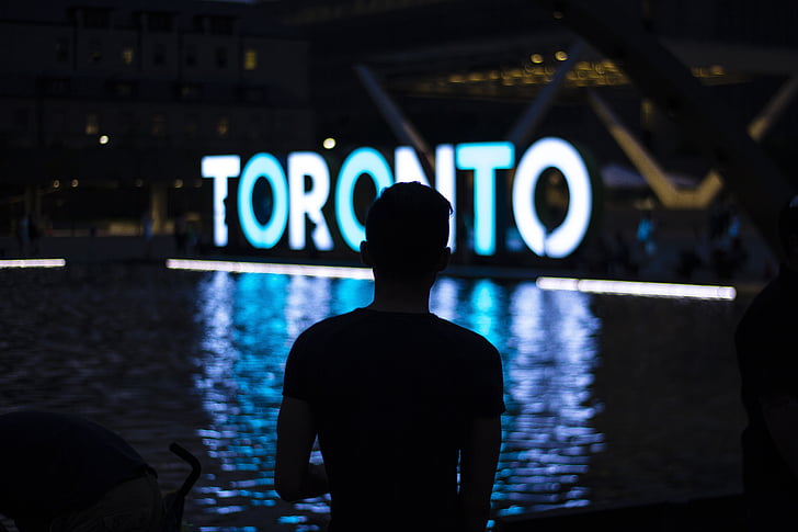 Laki-laki, hitam, atas, menghadapi, Toronto, berdiri, neon