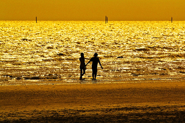 oro, mar, sombra negra, Fotos de pareja, Playa, de la mano, mujer