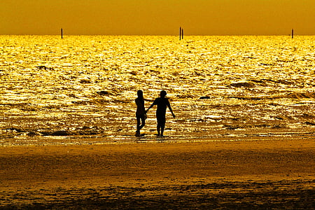 oro, mar, sombra negra, Fotos de pareja, Playa, de la mano, mujer