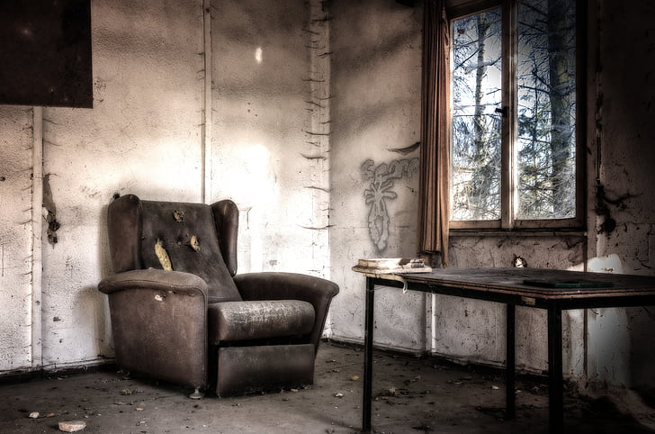 lost places, room, chair, leave, gloomy, dark, weird