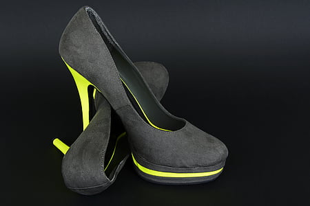 high heels, shoes, grey, neon yellow, high, pumps, woman
