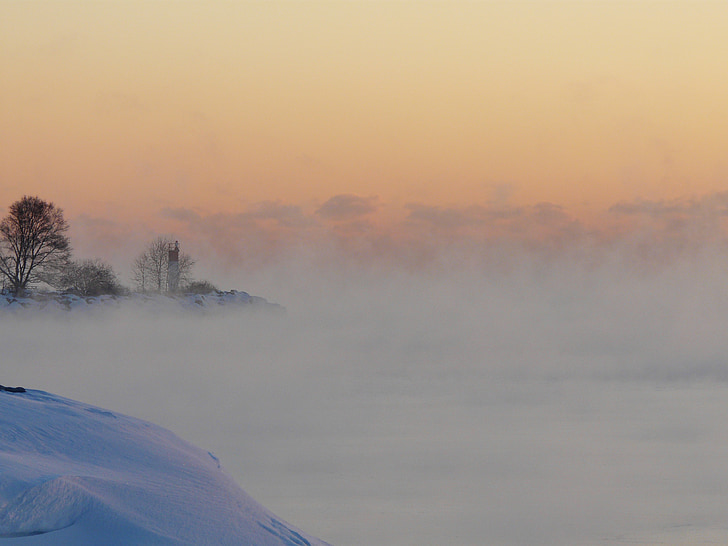 fog, mist, lighthouse, snow, winter, snow landscape, winter magic