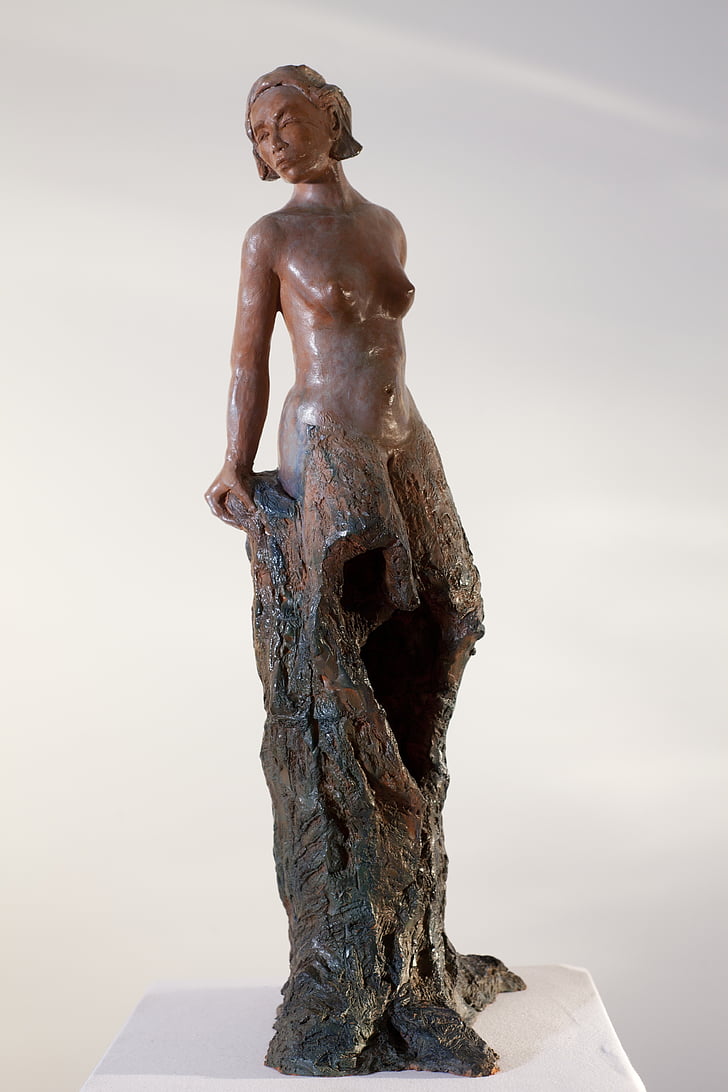 kvinna, träd, skulptur, naken
