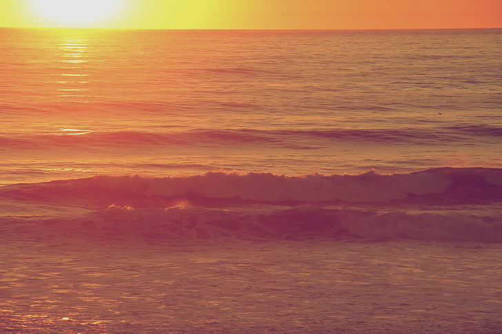 sea, waves, sunset, beach, ocean, water, nature