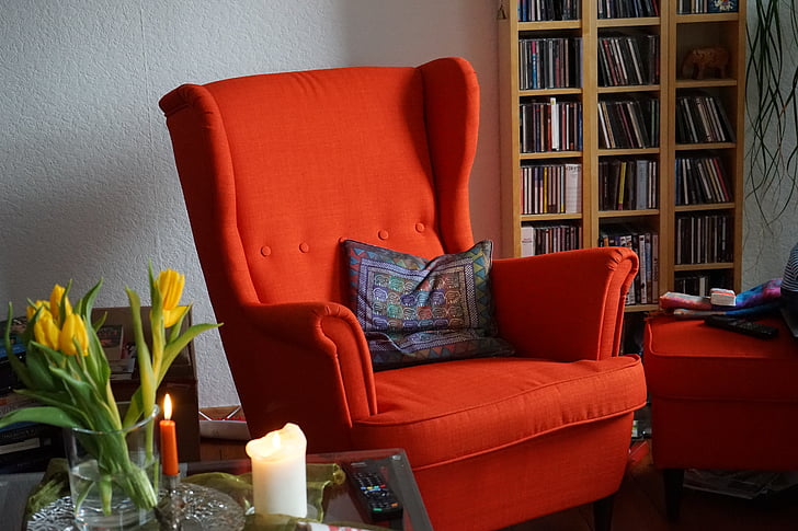 stol, ører lenestol, møbler, sitteområde, koselig, rød, pute