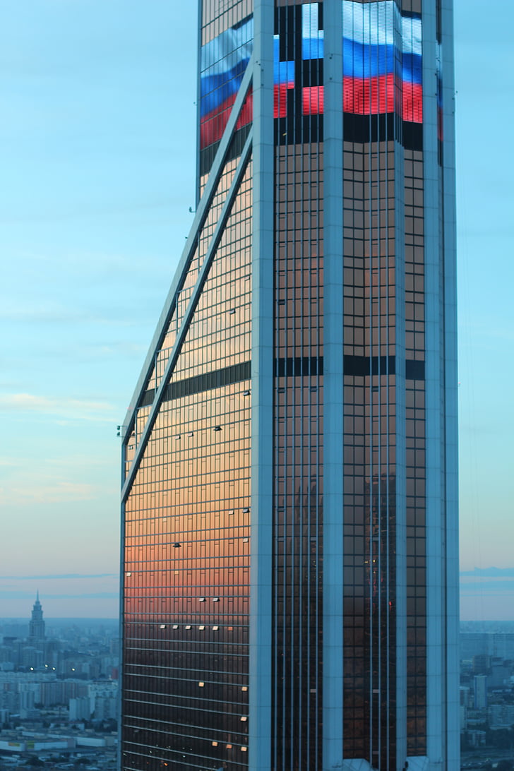 russia, moscow, new city, skyscrapers, skyline, glass facade, flag