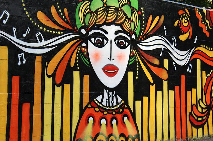 pinturas murais, menina, música, arte de rua