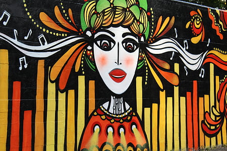 peintures murales, jeune fille, musique, art de la rue