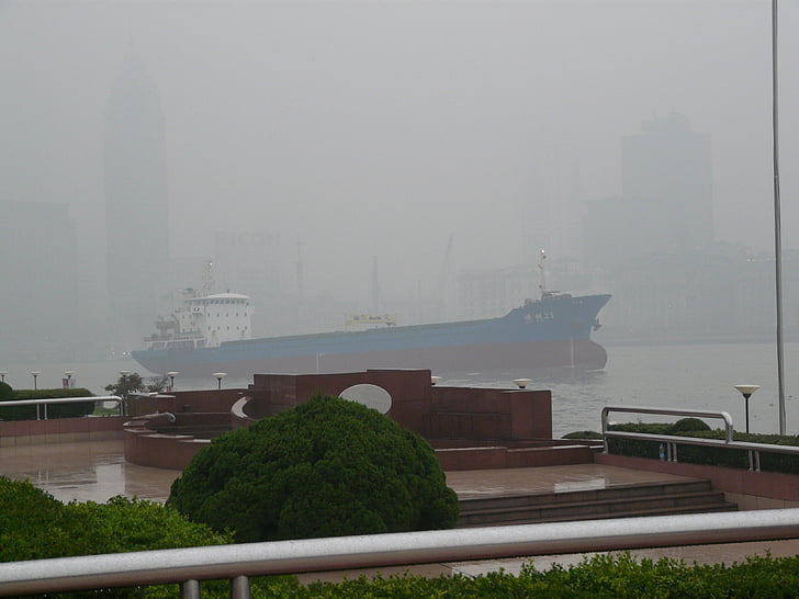 Asia, Kina, Shanghai, smog, luftföroreningar, arkitektur, fartyg