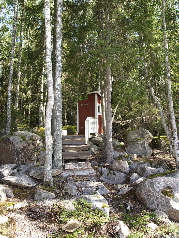bijgebouw, zomer, Norrland, toilet, Zweden, bos, natuur
