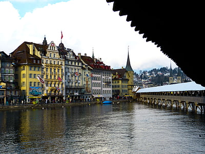 Luzern, Schweiz, Chapel bridge, gamla stan, Visa, arkitektur, Europa