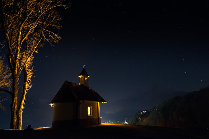 kapela, naktī, tumša, izgaismotas, kalns, kristiešu, Alpu