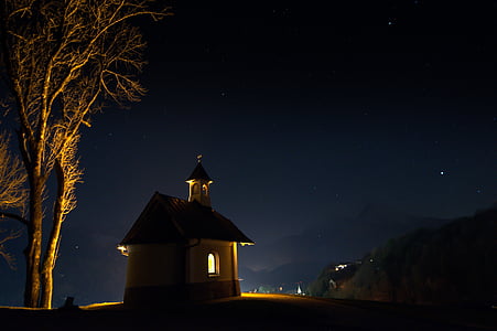 Kaplnka, v noci, tmavé, osvetlené, Mountain, Kresťanské, Alpine