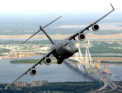 cargo plane, military, flying, bridge, transport, c-17, globemaster iii