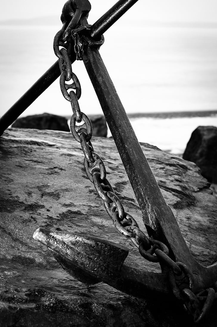 anchor, stone, rock, chain, bw, huge