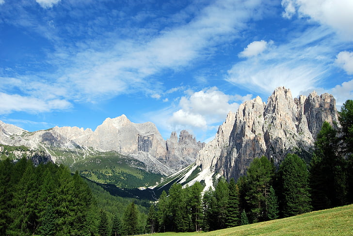 Dolomites, dağ, ağaçlar, manzara, kaya, gökyüzü, bulutlar