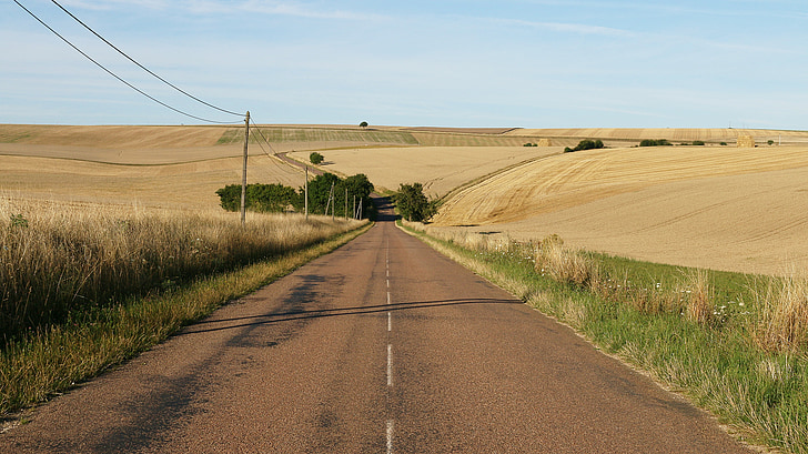 landscape, france, road, panorama, fields, yellow
