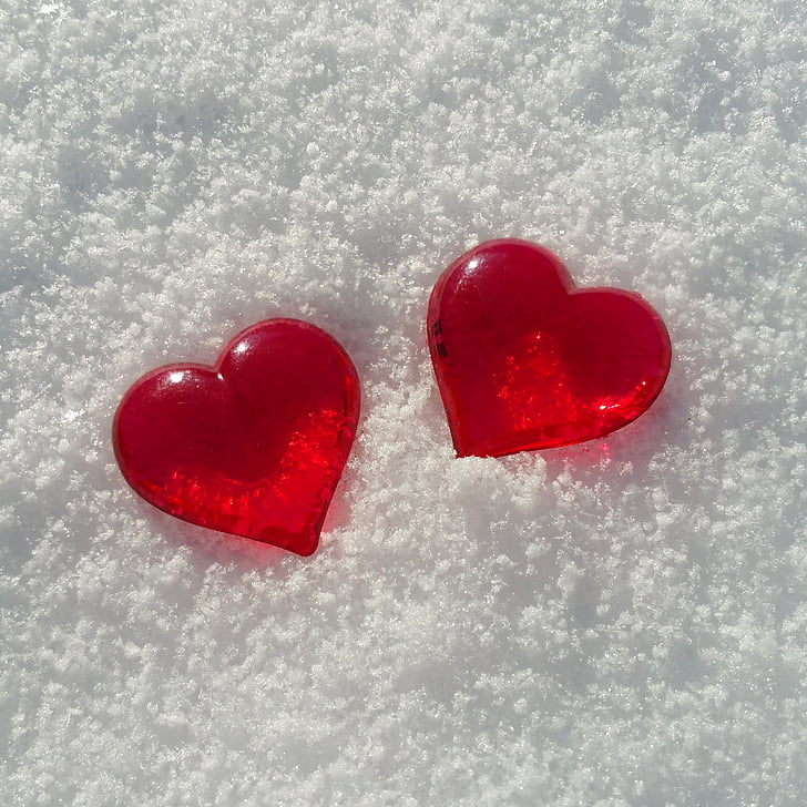 Hari Valentine, jantung, salju, Cinta, gambar latar belakang, bentuk hati, merah