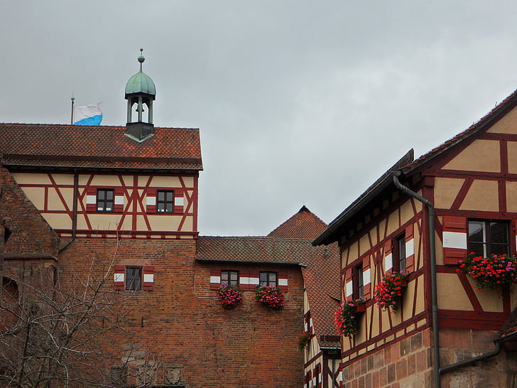 Burghof, Castelo, Castelo Imperial, Nuremberg, treliça, fachwerkhäuser, edifício
