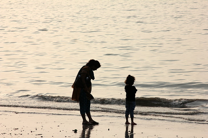 mother, daughter, parenting, man, beach, coast, ocean