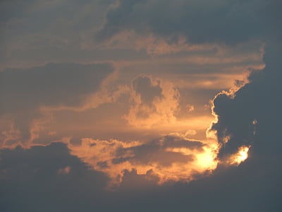 sunset, the sun, sky, light, clouds, west