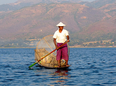fisherman, burma, fishing, net, paddle, traditional, balance