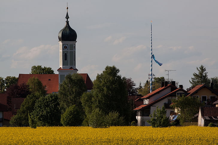 Église, bulbe, baroque, Haute-Bavière, rural, village, les colzas