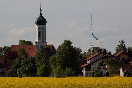 kostel, cibulovitá kupole, barokní, Horní Bavorsko, venkova, vesnice, Řepka