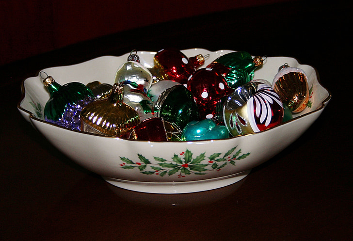 Kom kerst, China, Holly, ornamenten, decoraties, glas, kwetsbare